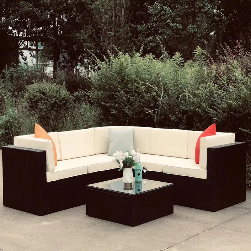 Luxuriöses 6-teiliges Rattanmöbel für den Garten im Freien, Korbcouch, Konversations-Ecksofa mit Kissen